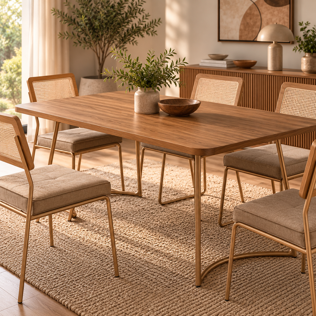 [1603 MESA RECTANGULAR TAPA NOGAL/FREIJO BASE ROSE] Mesa Evora Recta Grande Tapa Nogal Freijo Base Rose