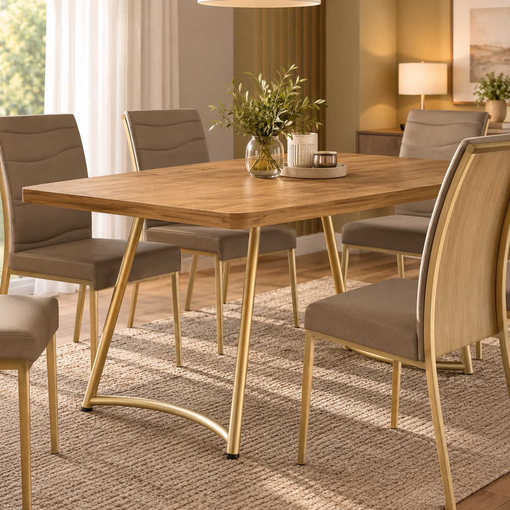 [1603 MESA RECTANGULAR TAPA ROBLE NOCE BASE DORADO MATE] Mesa Evora Recta Grande Tapa Noce Base Dorado Mate