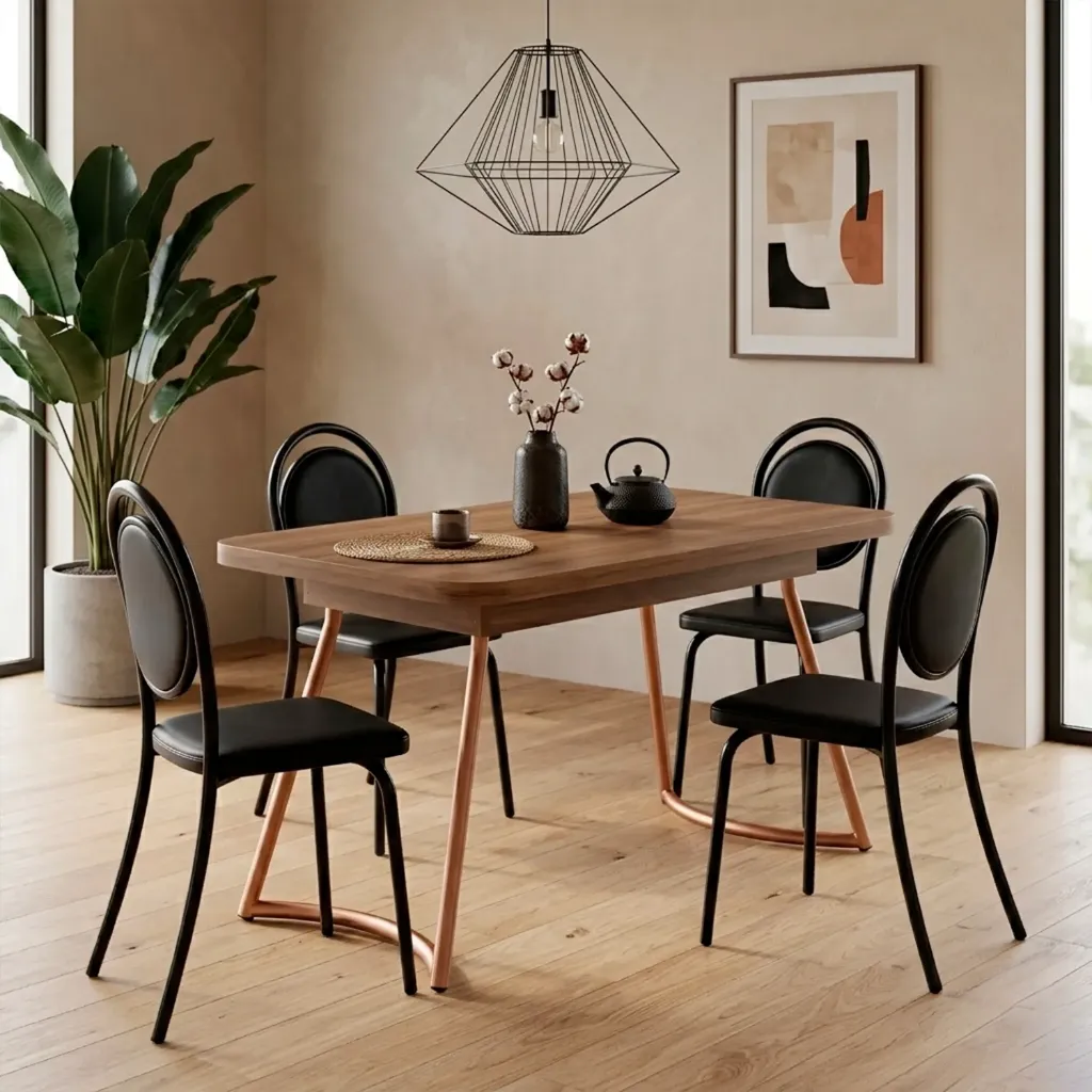 Mesa Evora Recta Pequeña Tapa Nogal Freijo Base Rose