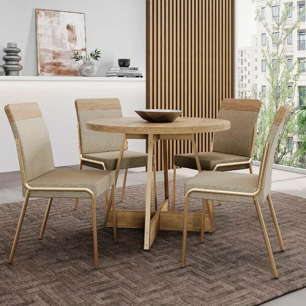 [1594 MESA REDONDA TAPA ROBLE/NOCE BASE DORADO] Mesa Atria Orbe Noce Dorado Mate