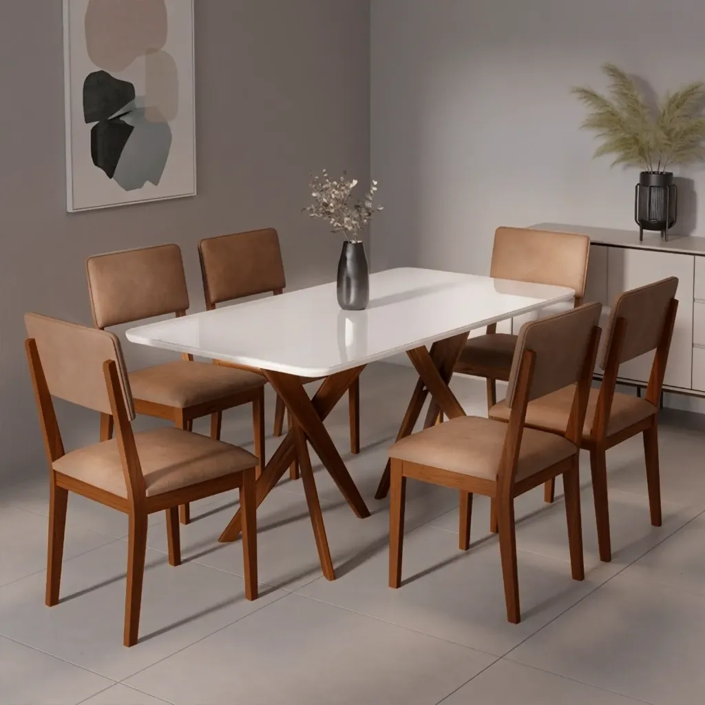 [21671366 MESA CACAU RECTAGULAR 1.80 C/VIDRIO MADERA/OFF WHITE] Mesa Cacau recta 180cm con Vidrio | Madera - Off White