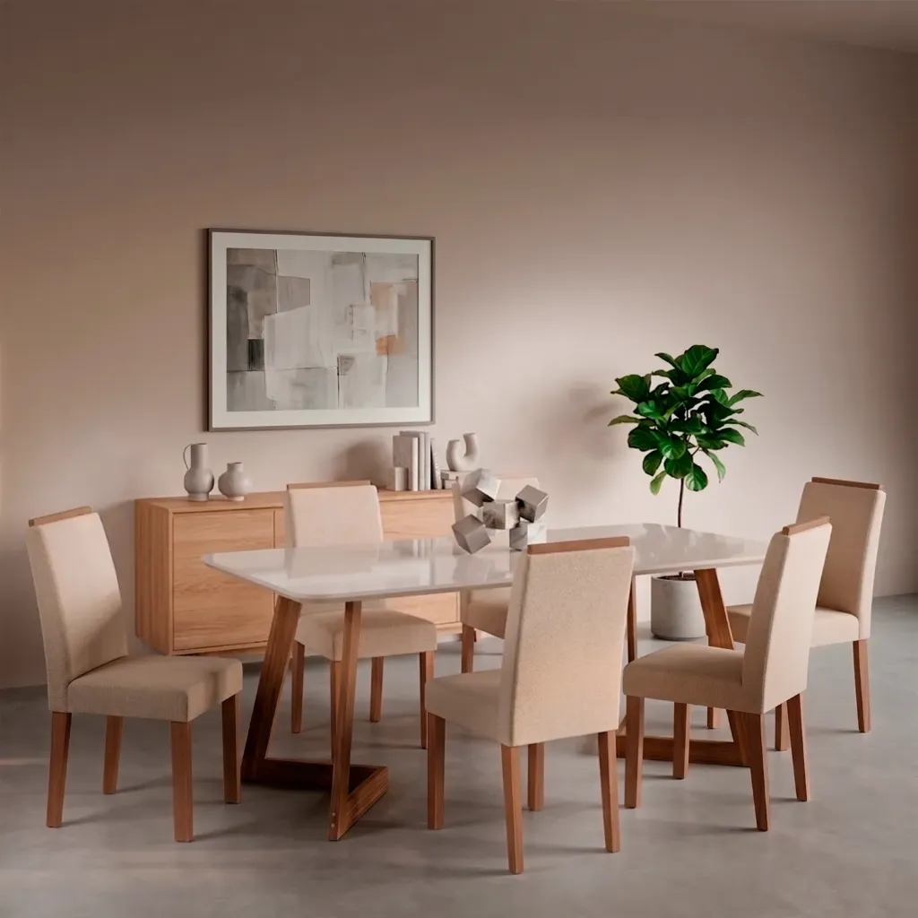 Mesa Caju recta 180cm con Vidrio | Madera - Off White