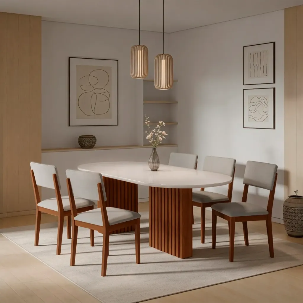 Mesa Ester recta 210cm Oval con Vidrio| Cinamomo - Off White