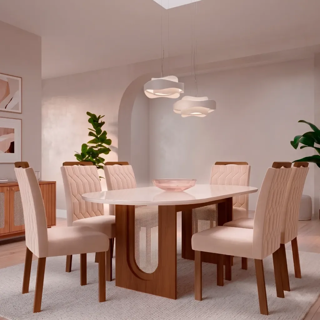 Mesa Valentina recta 210cm Oval con Vidrio | Cinamomo - Off White