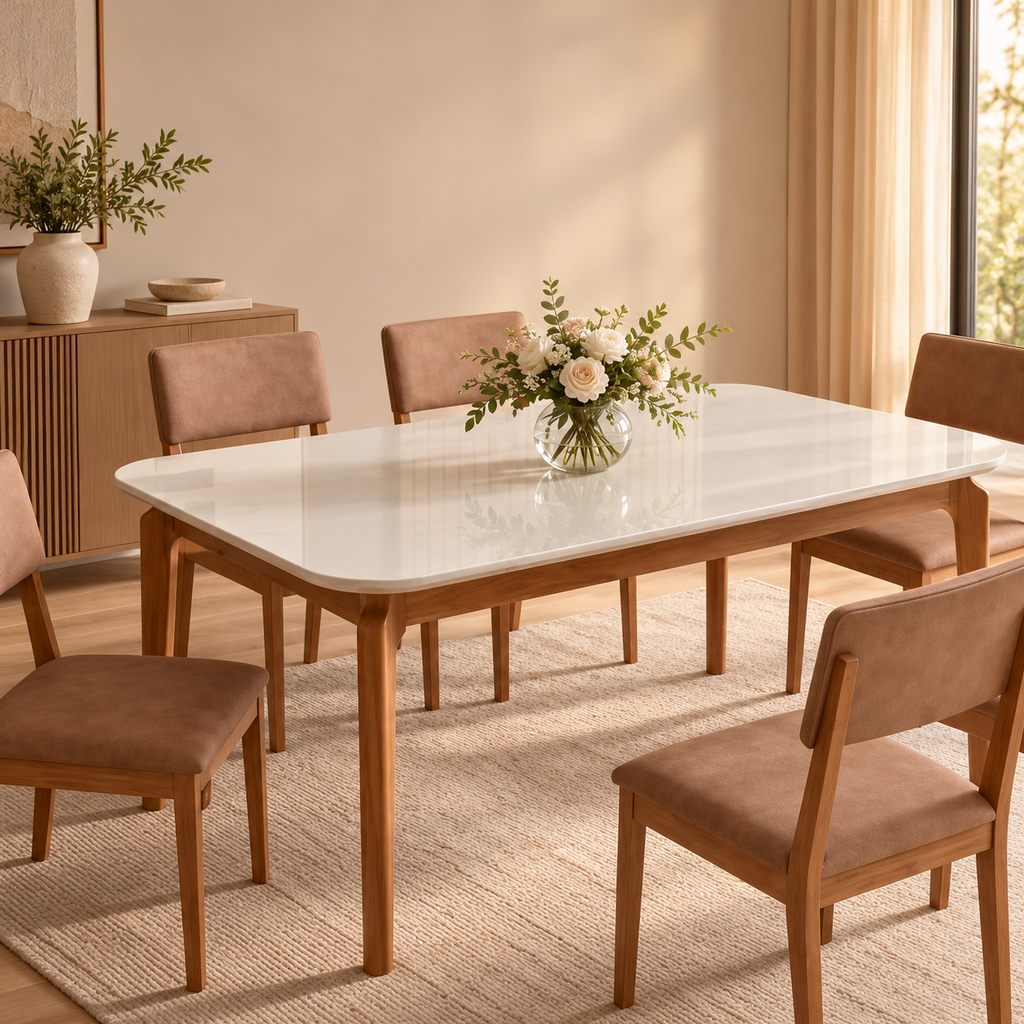 Mesa Ficus recta 160cm con Vidrio | Madera - Off White
