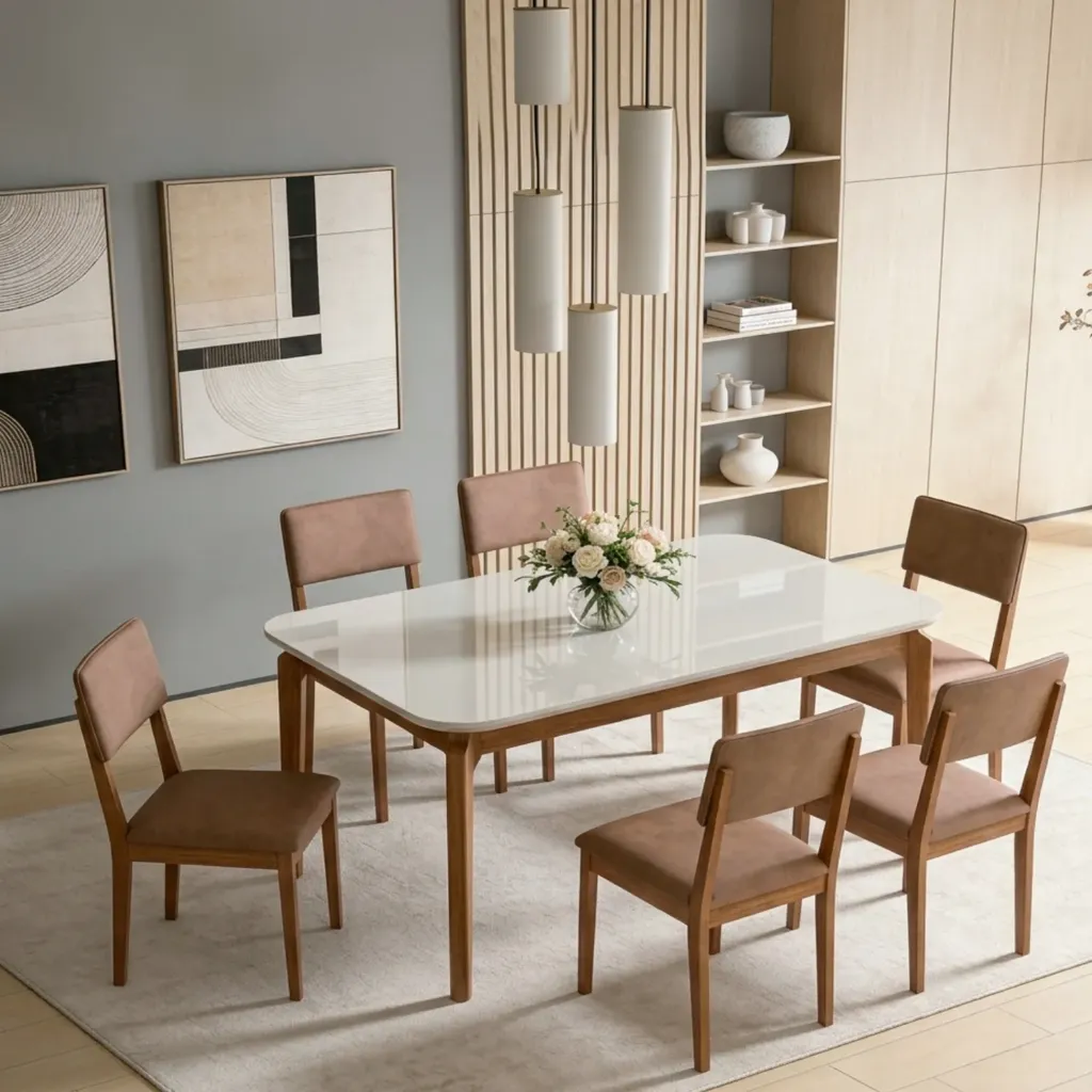Mesa Ficus recta 160cm con Vidrio | Madera - Off White