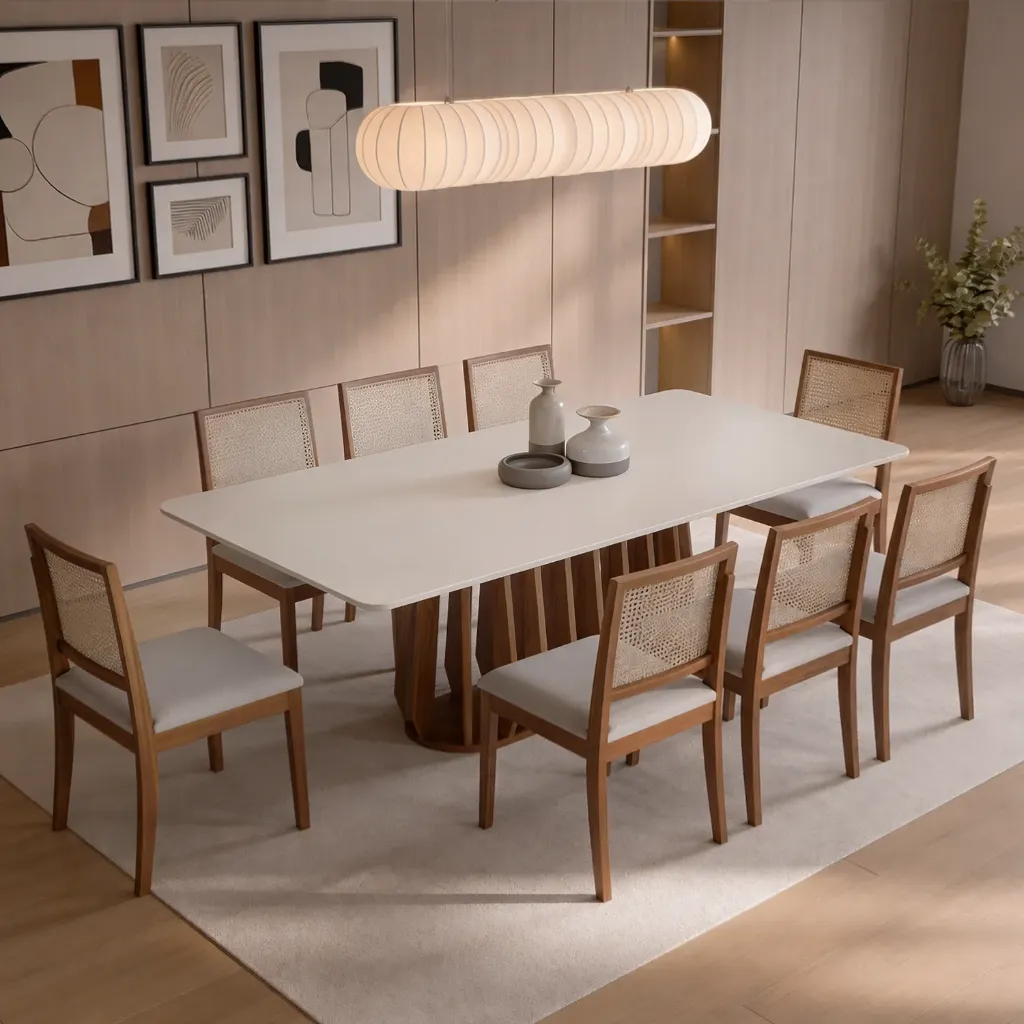 [21379366 MESA PITANGA RECTANGULAR 2.20 C/VIDRIO MADERA/OFF WHITE] Mesa Pitanga recta 220cm con Vidrio | Madera - Cinamomo