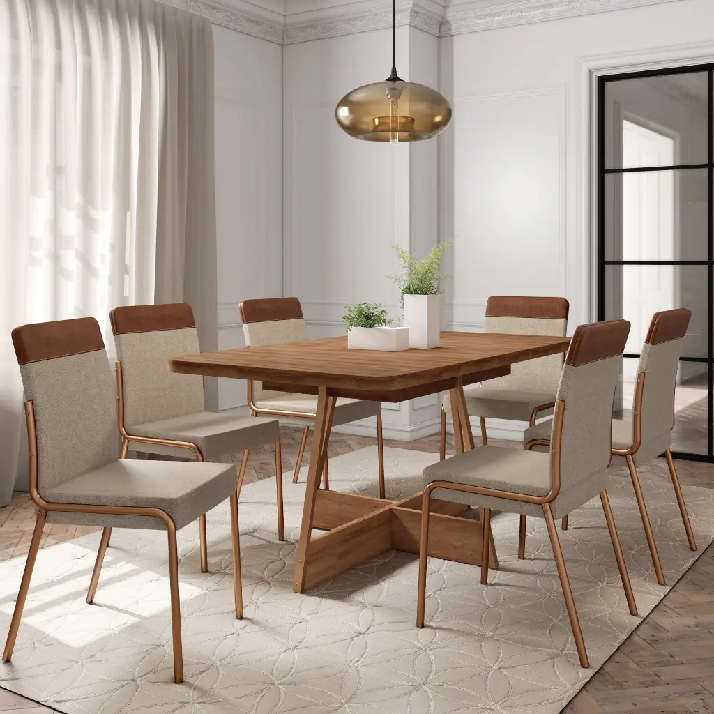 [1592 MESA RECTANGULAR TAPA NOGAL BASE FREIJO/ROSE COBRE] Mesa Atria Recta Nogal Freijo Rose Cobre